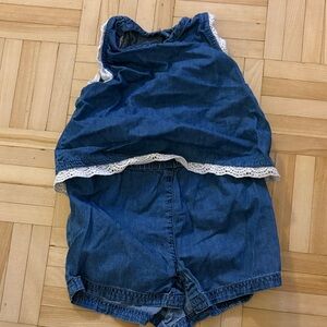 Blue Denim Romper with Lace Trim